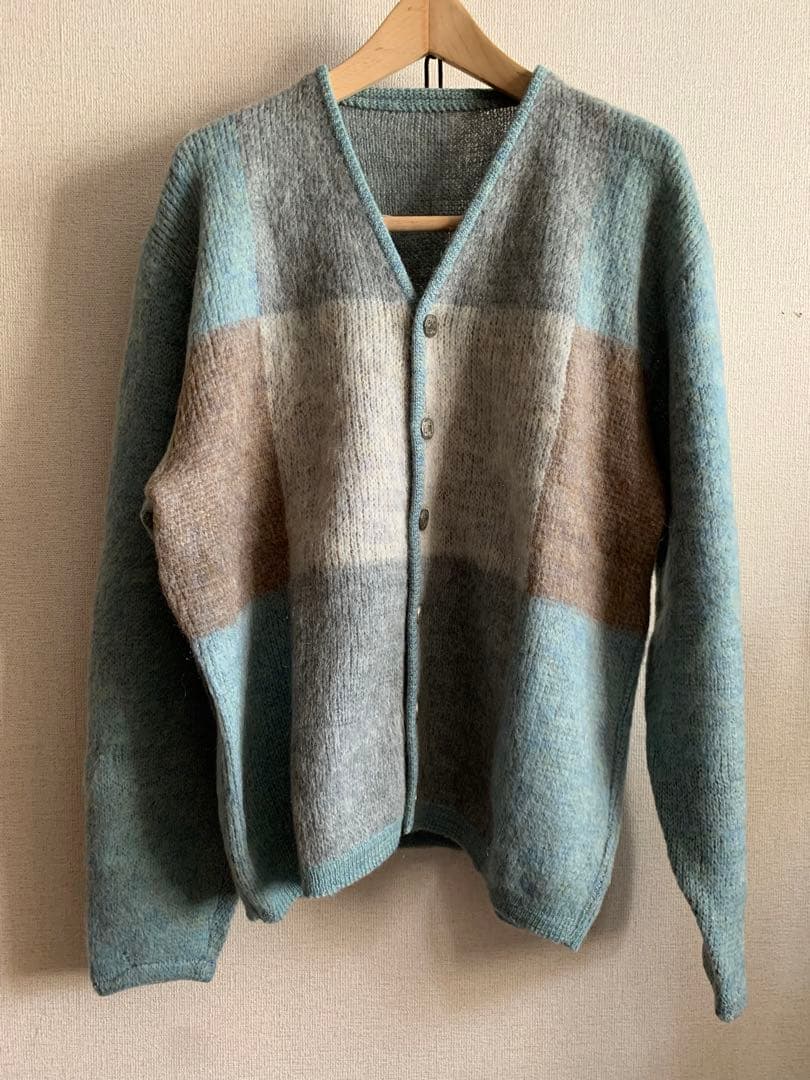 モヘアカーディガン60s ブルー　配色切替　古着　メンズ　レディース