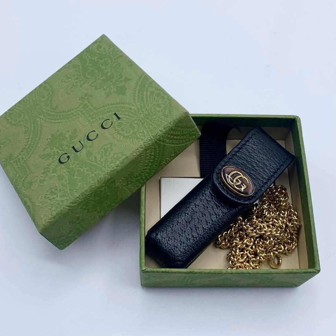 【新品】GUCCI リップケース　ネックレス　ブラック　オシャレ　GG レザー