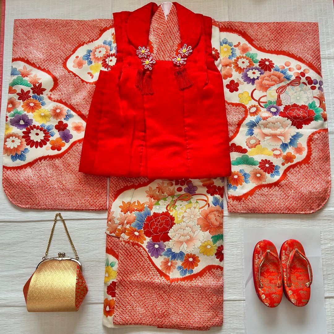 七五三 3歳 着物 753 正絹 総絞り 被布 赤 子供着物 女の子 花