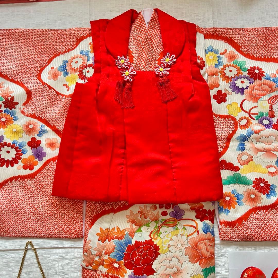 七五三 3歳 着物 753 正絹 総絞り 被布 赤 子供着物 女の子 花
