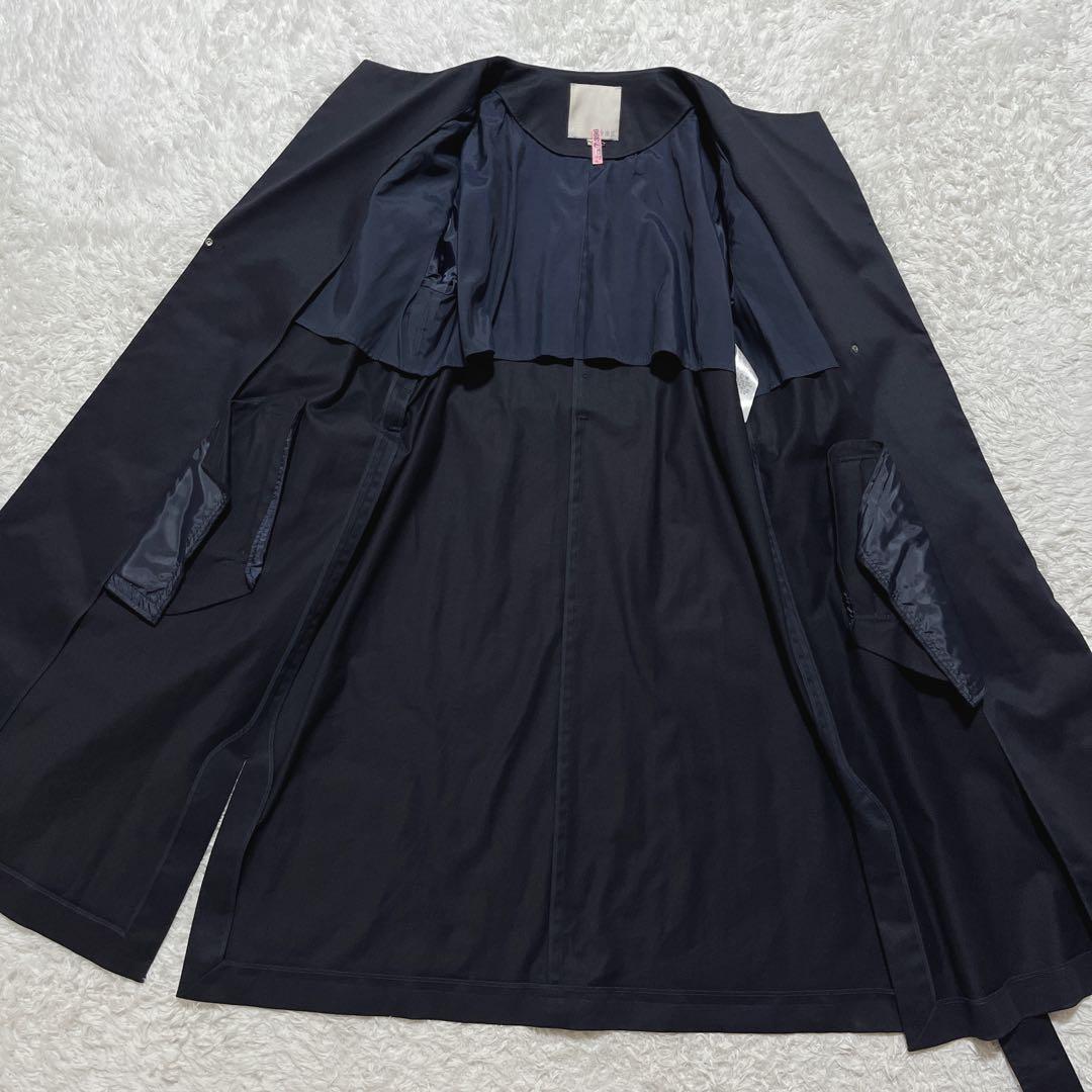 美品✨自由区　セミダブル ノーカラーコート　紺　ベルト付き　ロングコート　40