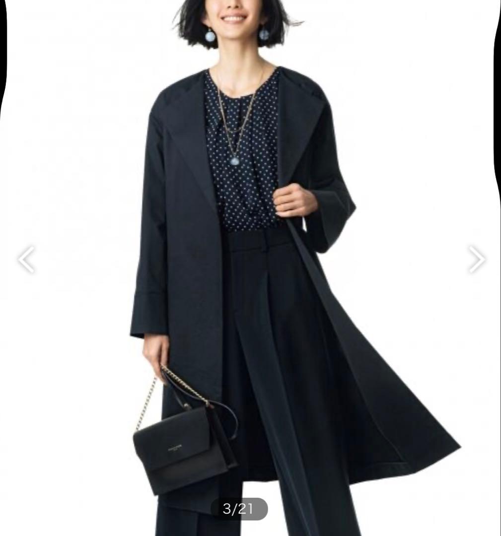 美品✨自由区　セミダブル ノーカラーコート　紺　ベルト付き　ロングコート　40