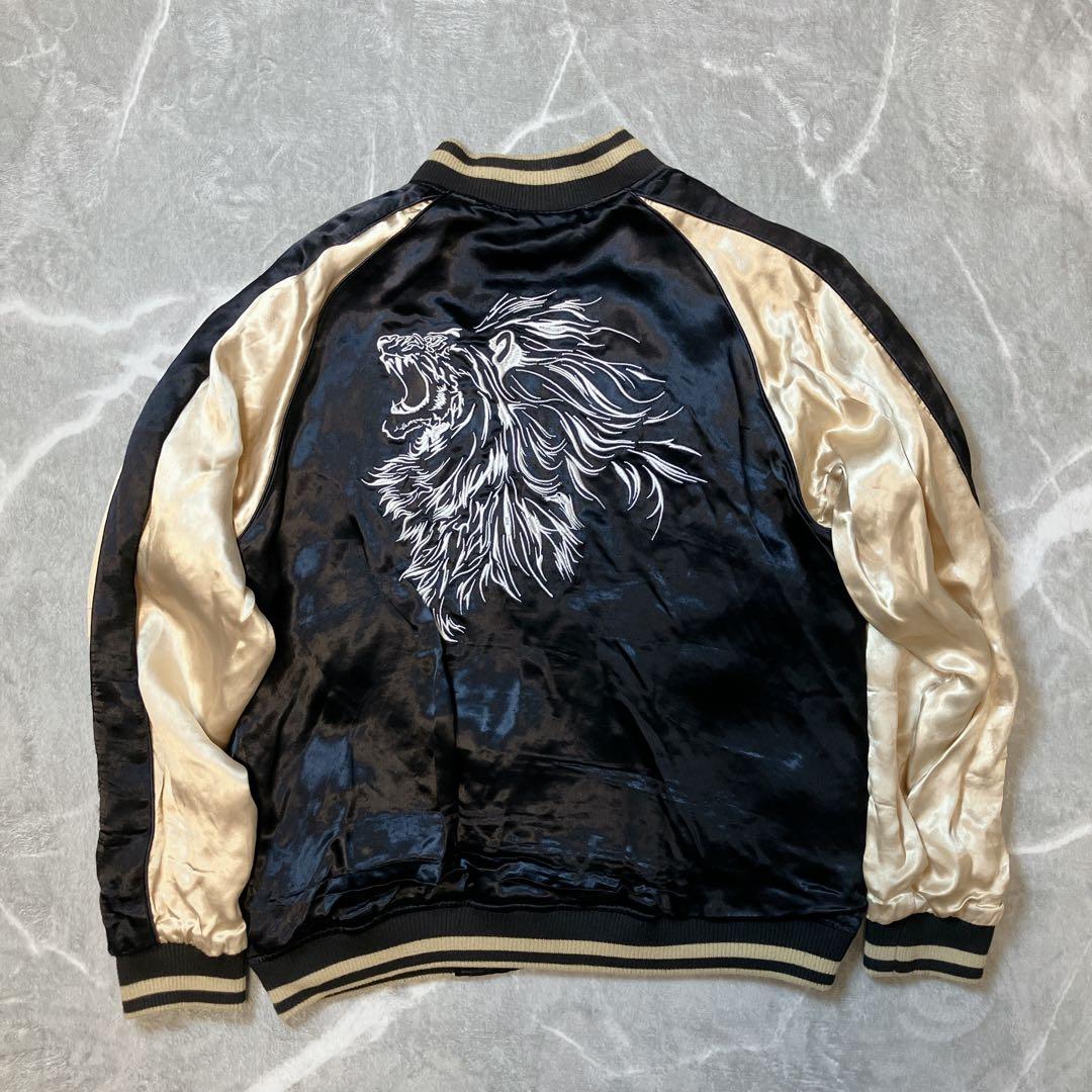 【美品】 絡繰魂 粋 獅子咆哮 スカジャン リバーシブル 刺繍 和柄 L 黒 金