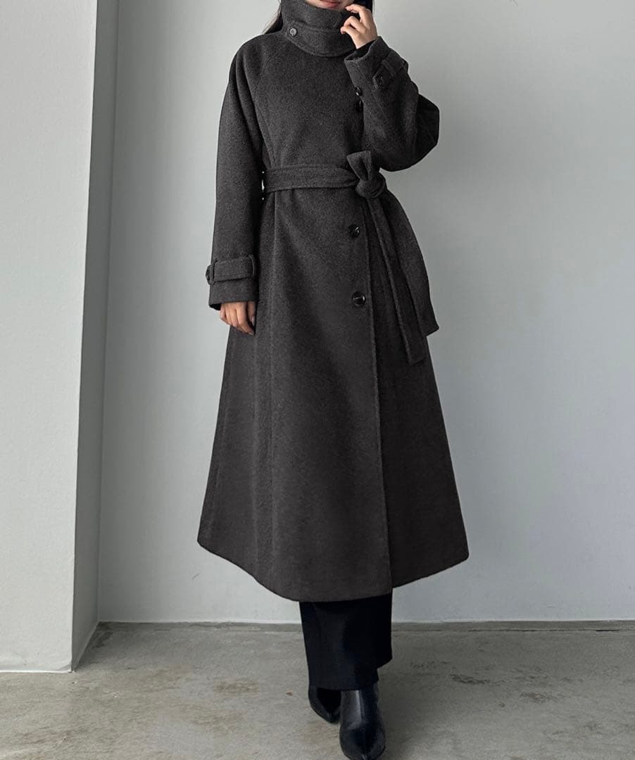 2wayハイネックウールライクウエストシェイプフレアコート