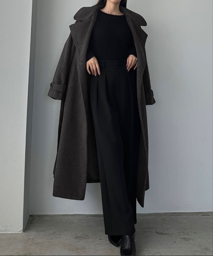 2wayハイネックウールライクウエストシェイプフレアコート