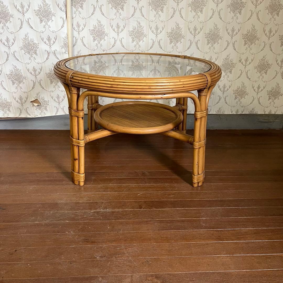 【アンティーク】籐 ラタンセンターテーブル コーヒーテーブル 円卓 ガラス天板