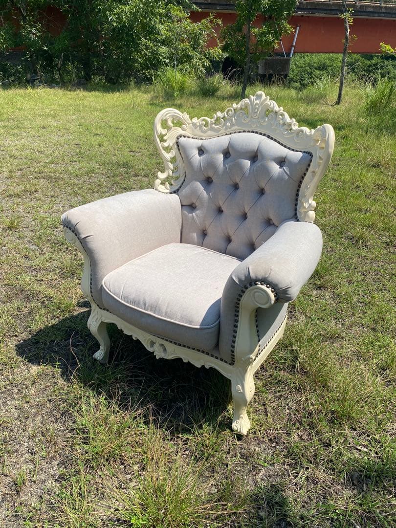 姫系　グレー　ホワイト　ロココ調　アンティーク調　猫足　1人掛けソファ