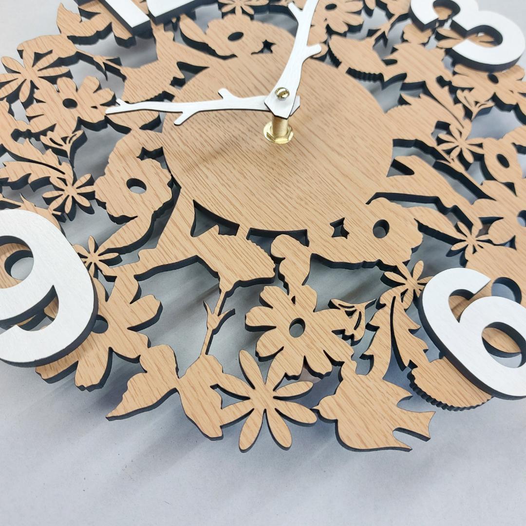 【限定値下げ3000円引き】北欧風　立体的な森の鳥や花柄木製掛け時計　静音タイプ