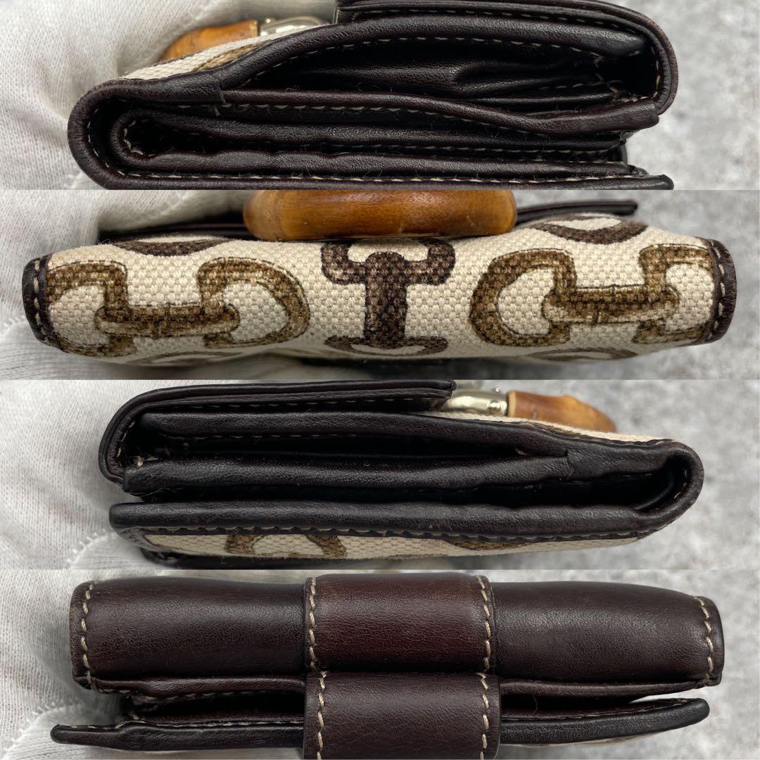 GUCCI グッチ 二つ折り財布 バンブー カーフ キャンバス ゴールド金具