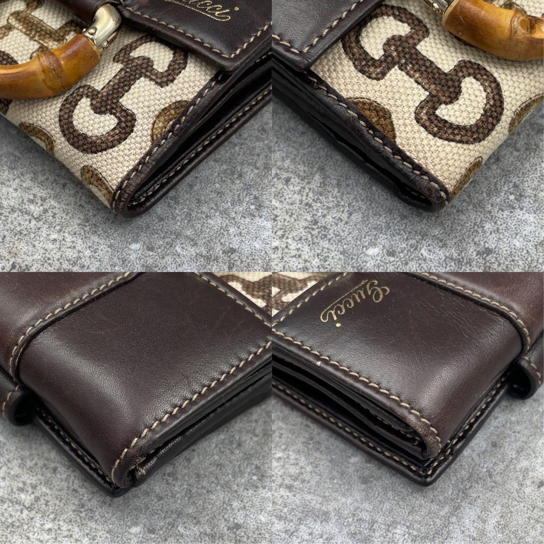 GUCCI グッチ 二つ折り財布 バンブー カーフ キャンバス ゴールド金具