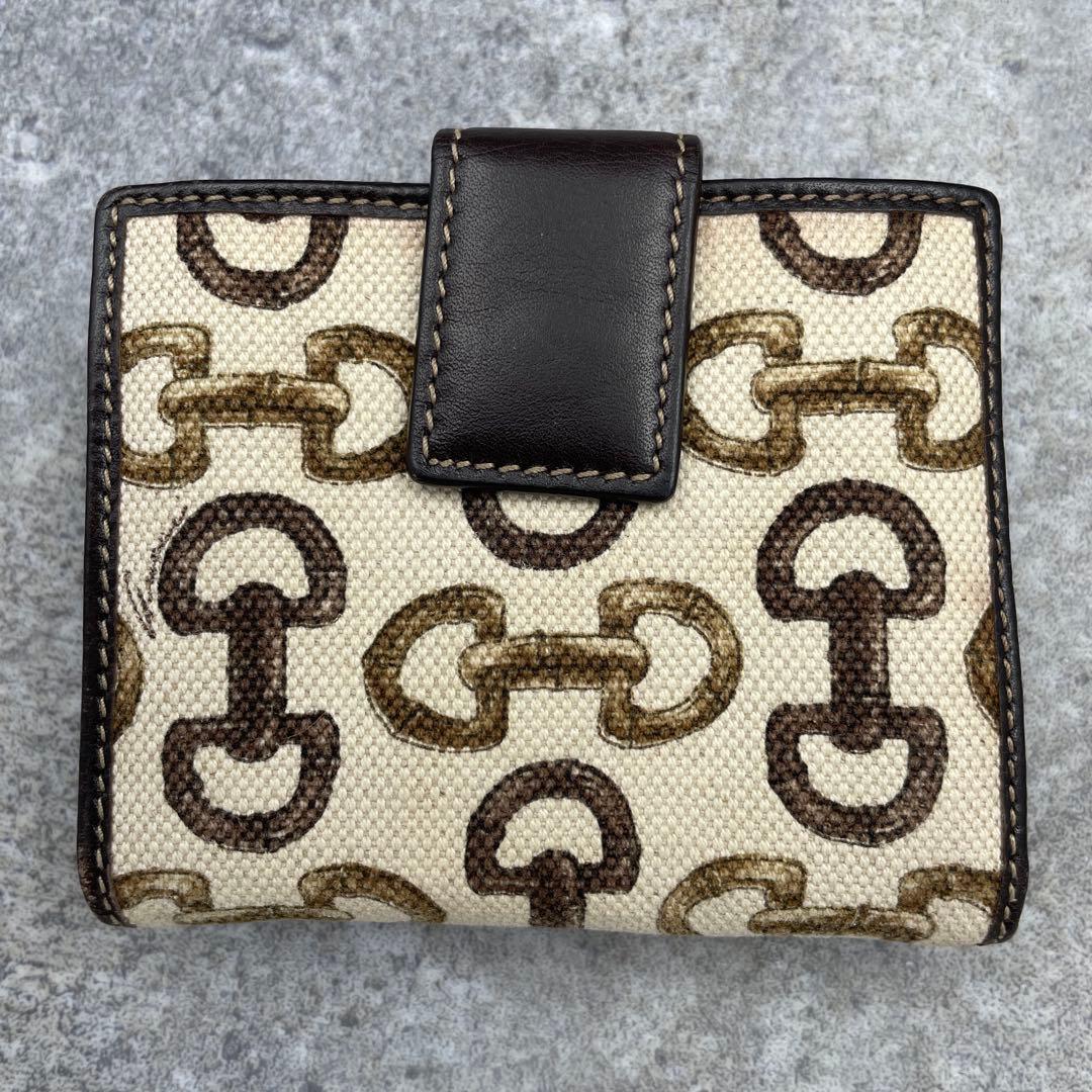 GUCCI グッチ 二つ折り財布 バンブー カーフ キャンバス ゴールド金具