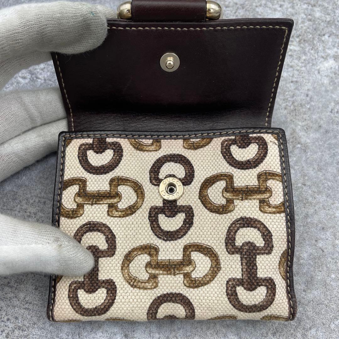 GUCCI グッチ 二つ折り財布 バンブー カーフ キャンバス ゴールド金具