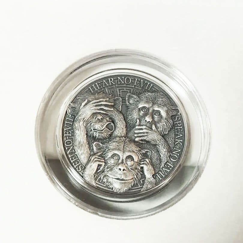 世界999枚限定 三猿 銀貨 見ざる聞かざる言わざる ハイレリーフ 1オンス純銀
