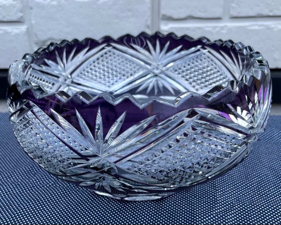 切子ガラス　紫被せ　ボウル　アンティーク