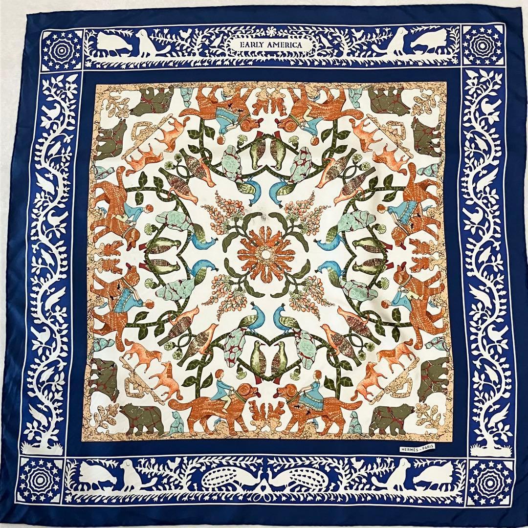 ★美品★エルメス　カレ90 古き良きアメリカ　スカーフ　シルク　動物　鳥　花