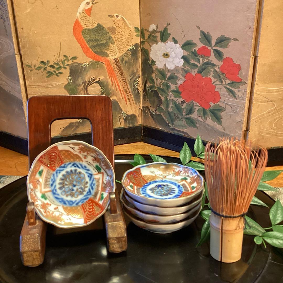 A1033 古伊万里　金襴手　梅に松　宝尽紋様　　豆皿　ちびちび　5枚