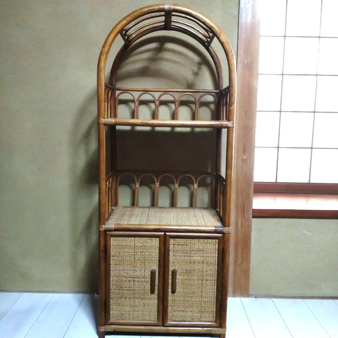 籐 ラタン 3段ラック 扉付き収納 昭和レトロ