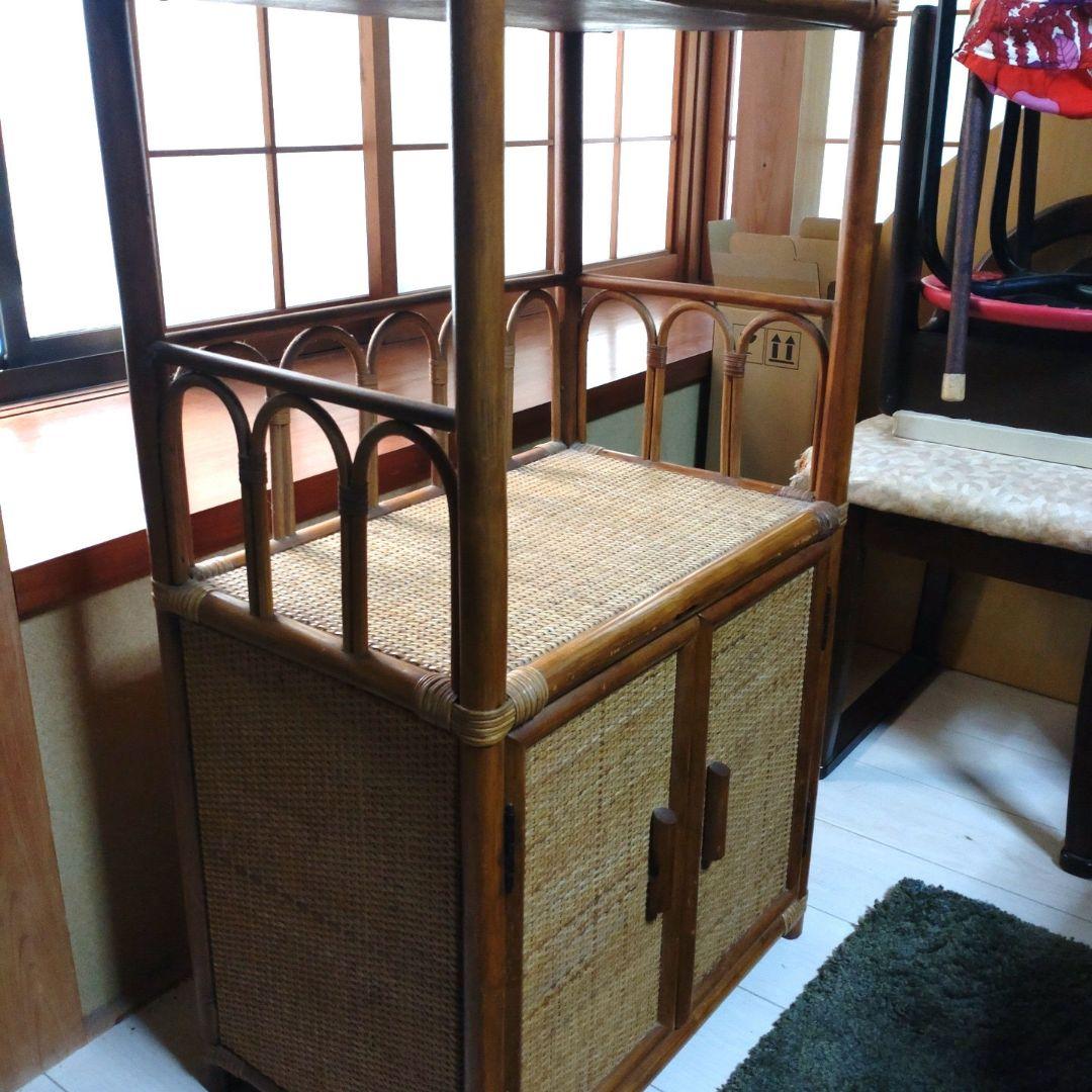 籐 ラタン 3段ラック 扉付き収納 昭和レトロ