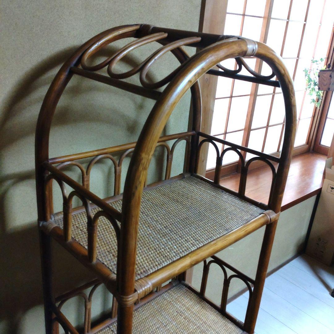 籐 ラタン 3段ラック 扉付き収納 昭和レトロ