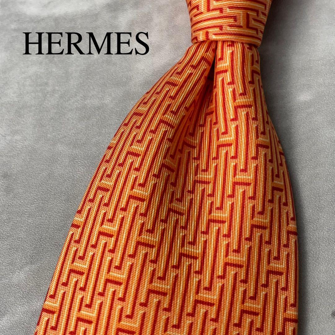 美品 HERMES エルメス H柄 総ロゴ ネクタイ オレンジ