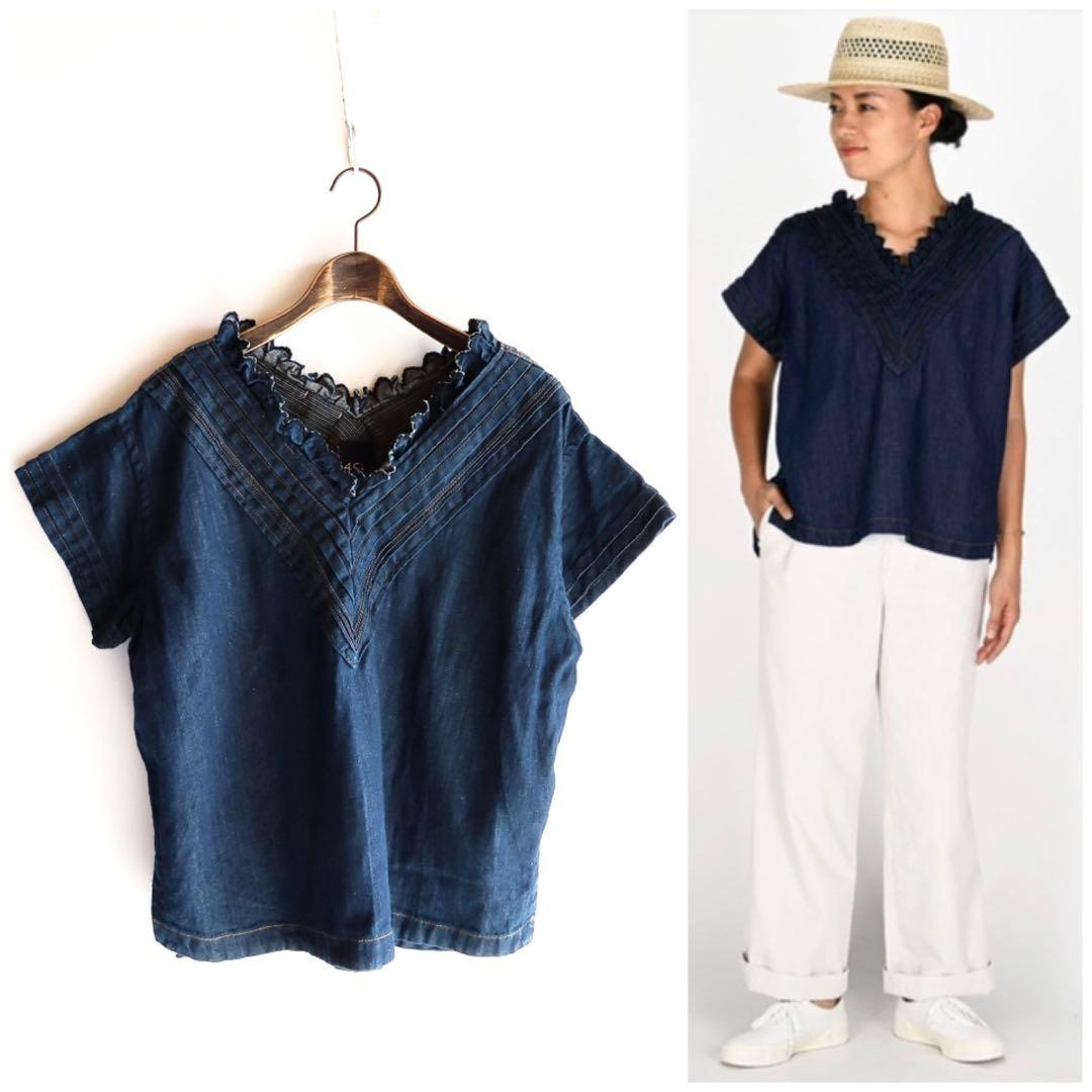 45R 小麦デニムのタックレースTシャツ（インディゴ） コットンリネン