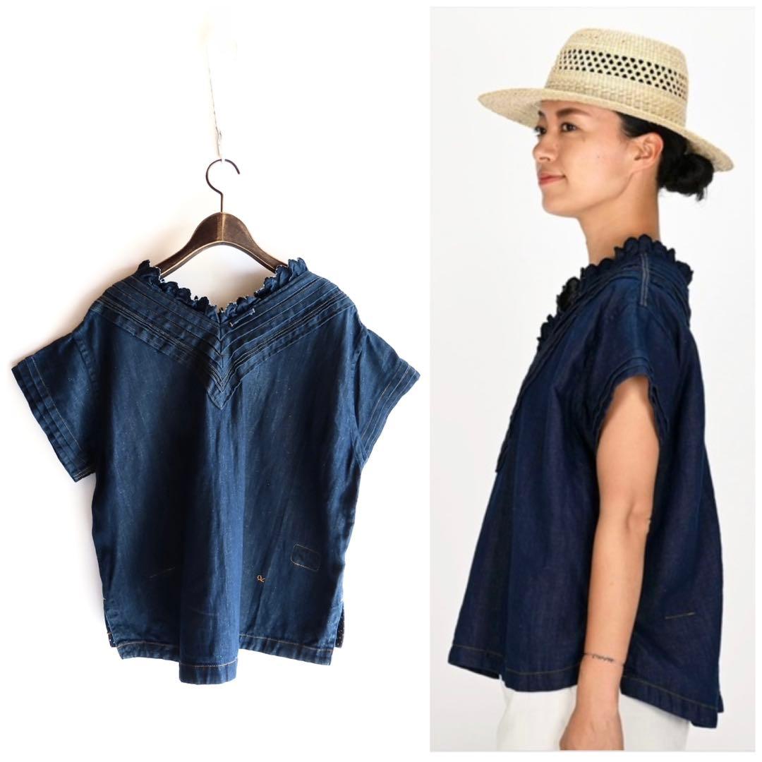 45R 小麦デニムのタックレースTシャツ（インディゴ） コットンリネン
