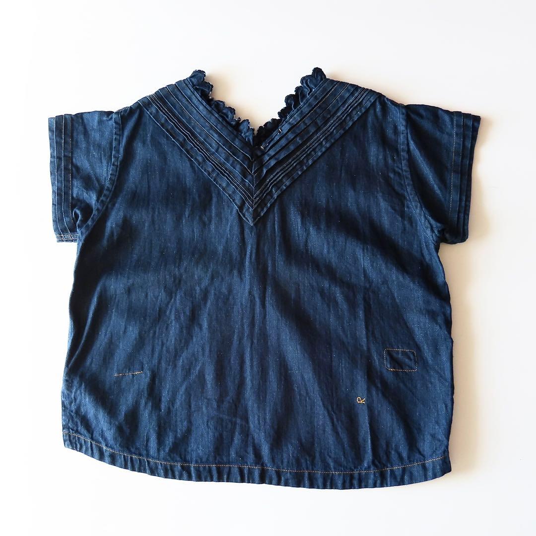 45R 小麦デニムのタックレースTシャツ（インディゴ） コットンリネン