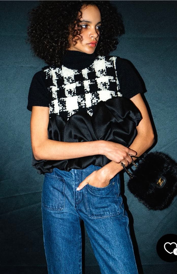 shellerシェリエ ギンガムツイードブルームトップス