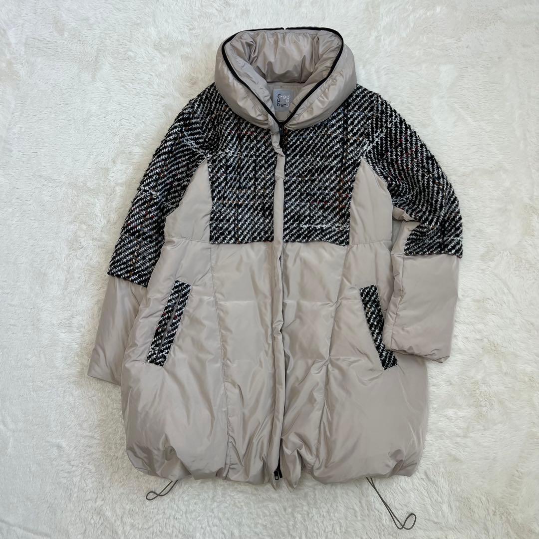 センソユニコ　ダウンジャケット　チェック柄　フェザー　ツイード　ベージュ