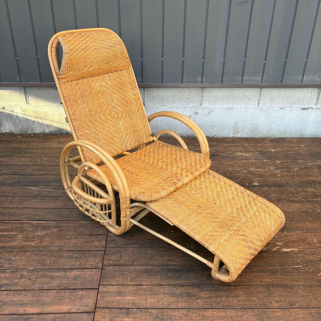 ②昭和レトロ ラタンリクライニングチェア オットマン付き 籐家具 1人掛けソファ