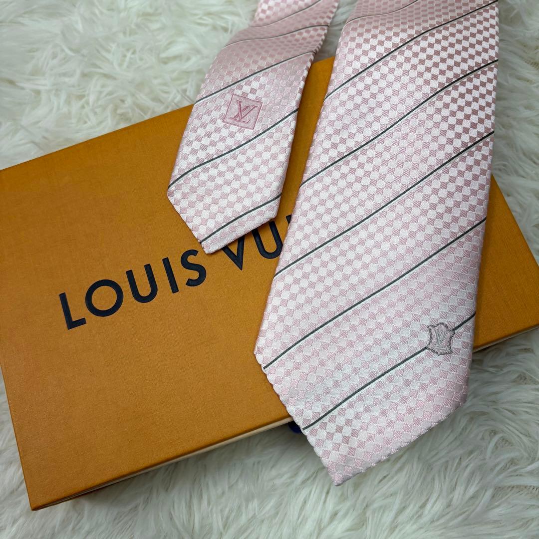 極美品 ルイヴィトン マイクロダミエ ストライプ 現行 シルク ネクタイ ピンク