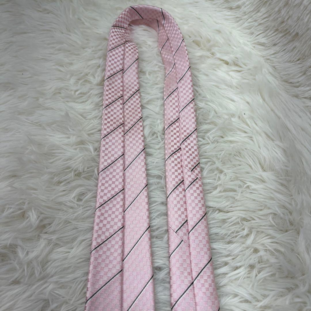 極美品 ルイヴィトン マイクロダミエ ストライプ 現行 シルク ネクタイ ピンク