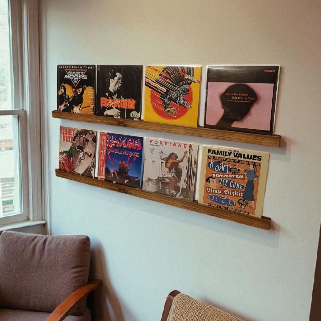 無垢材のレコードディスプレイレール　4枚用2本セット　収納　ウォールシェルフ