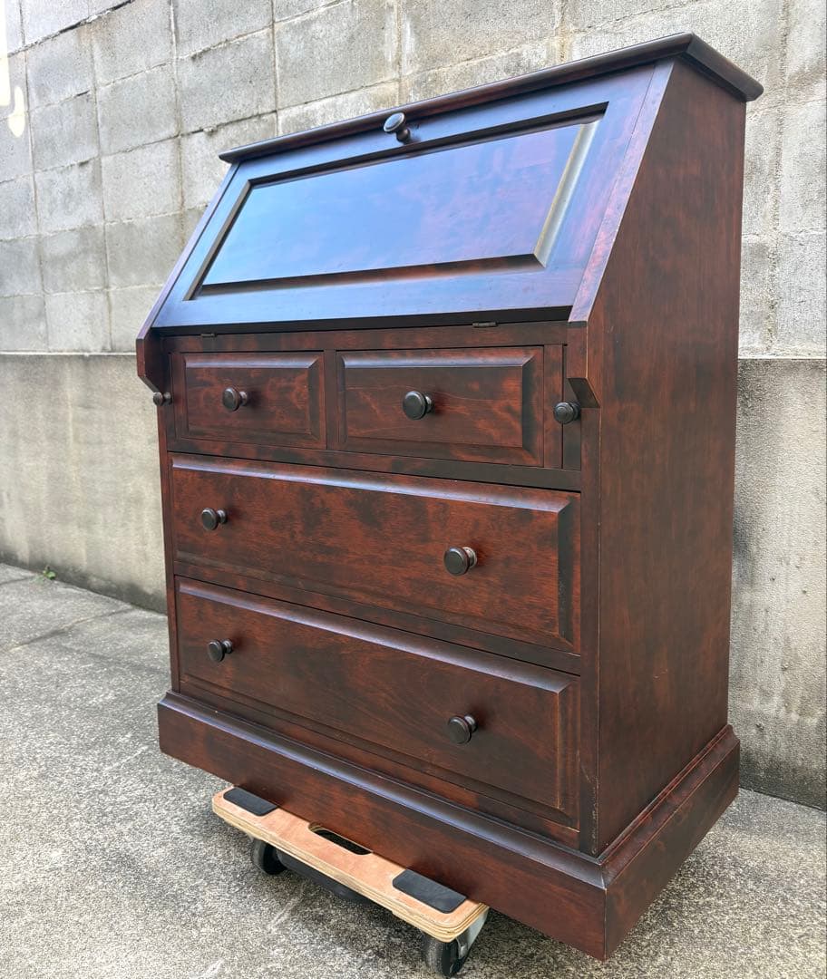 【長野松本民芸家具】天然木ライティングビューロー ダークブラウン　デスクチェスト