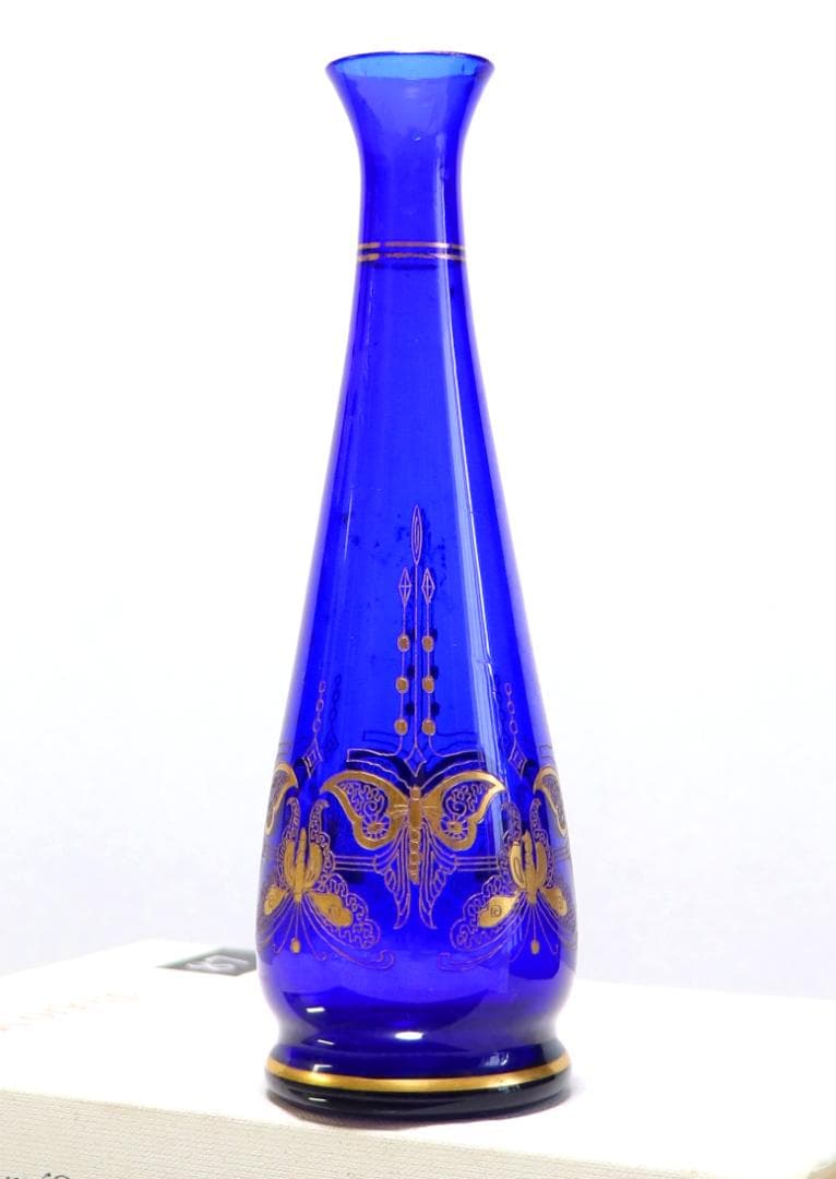オールド・バカラ 24金彩蝶々文 ブルー 高級 一輪挿し 花瓶 バタフライ 青色