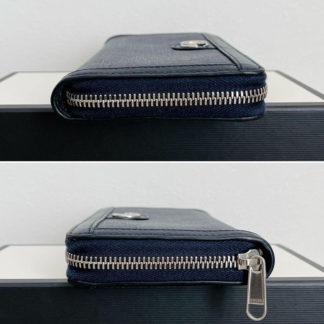 極美品✨GUCCI シマ インターロッキング ラウンドジップ PVC ネイビー