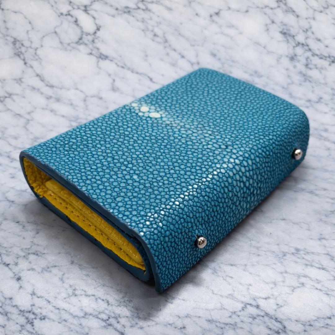スティングレイ 折り財布 ターコイズ×イエロー エイ革 コンパクト ガルーシャ