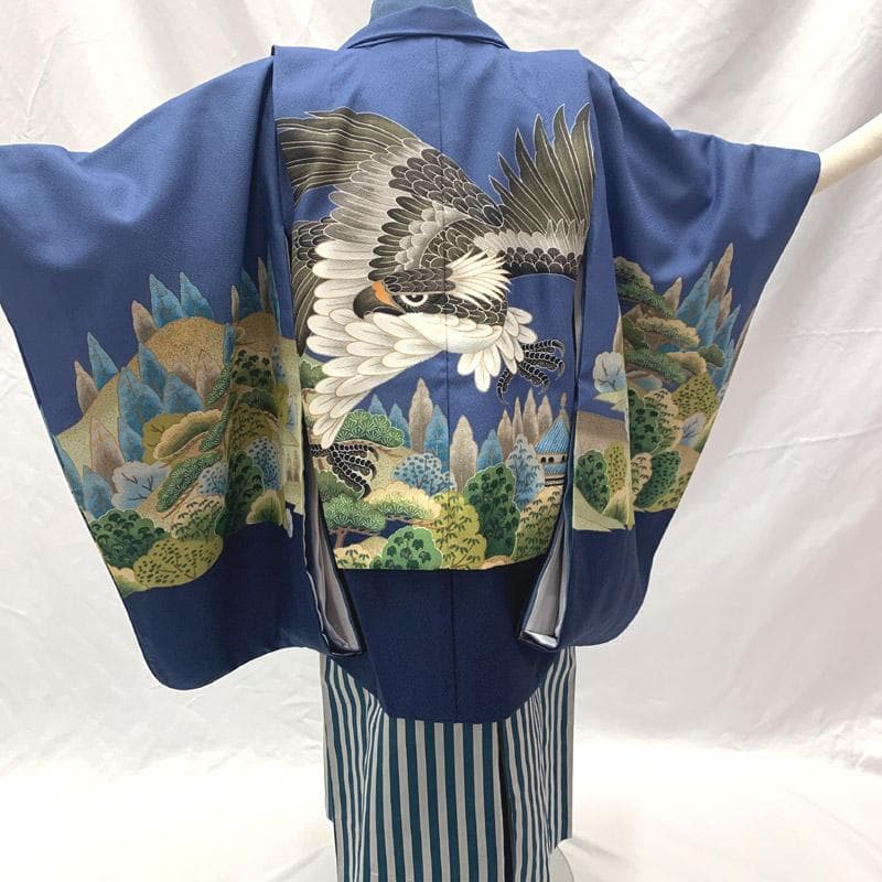 502ab28■七五三 五歳 男児 着物&羽織&袴&角帯&長襦袢 鷹 松■美品