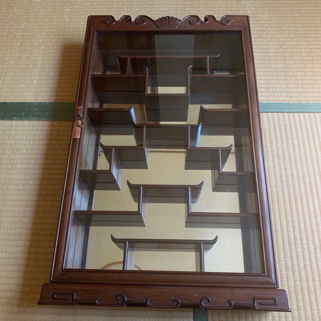 中古　中国 唐木 飾り棚 アンティーク ビンテージ ミラー 鏡 壁掛け