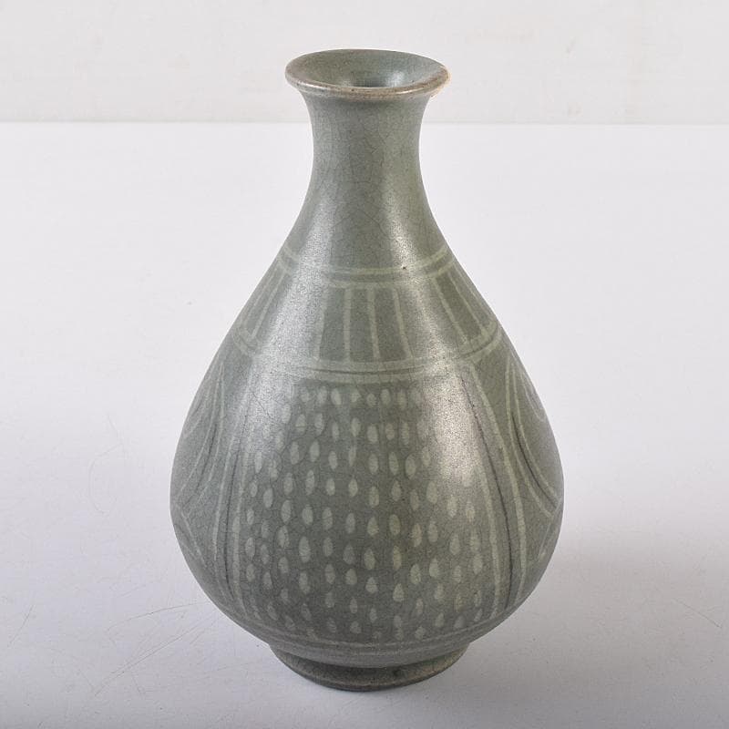 朝鮮美術　李朝　高麗青磁　象嵌花文　徳利　V　R7944