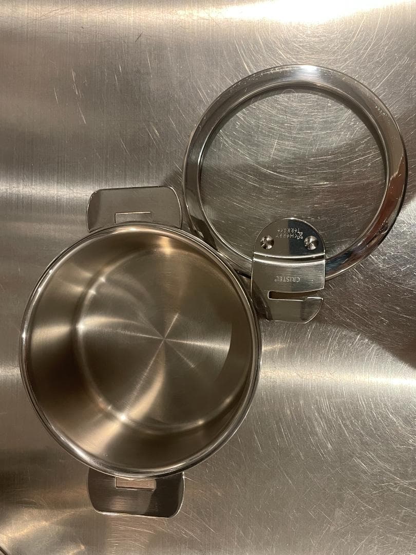 【美品】CRISTEL クリステル ステンレス L深鍋 14cm ガラス蓋付き