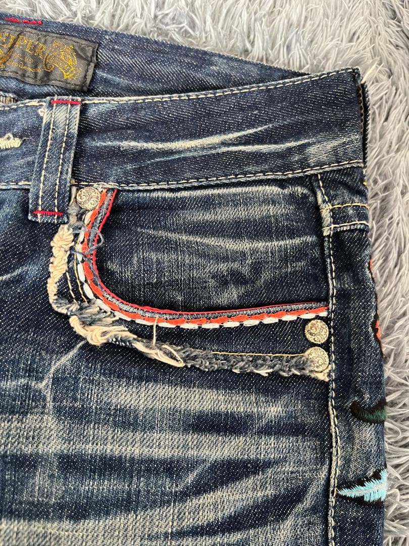 激レア　Y2K red pepper レインボー刺繍　ボヘミアン　フレアデニム