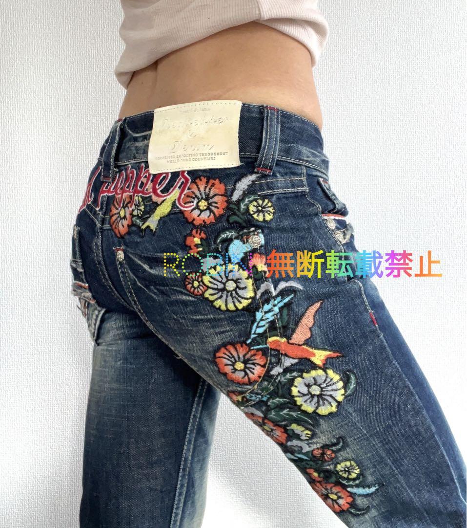 激レア　Y2K red pepper レインボー刺繍　ボヘミアン　フレアデニム