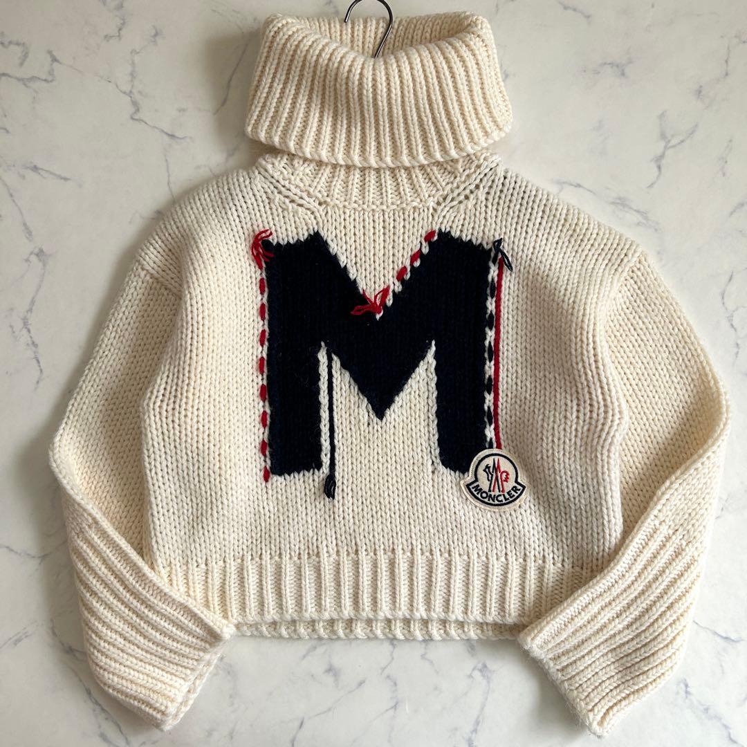 美品 モンクレール 高級アルパカ混 ビッグ「M」ロゴ タートルネック ニット