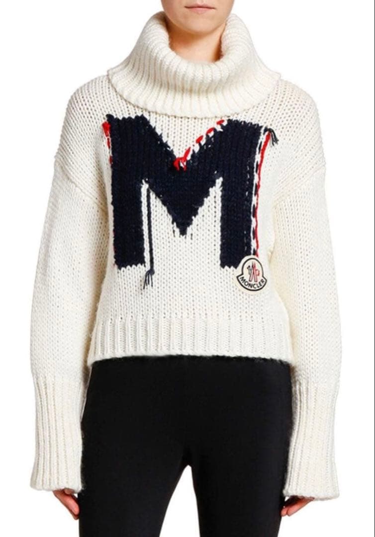 美品 モンクレール 高級アルパカ混 ビッグ「M」ロゴ タートルネック ニット