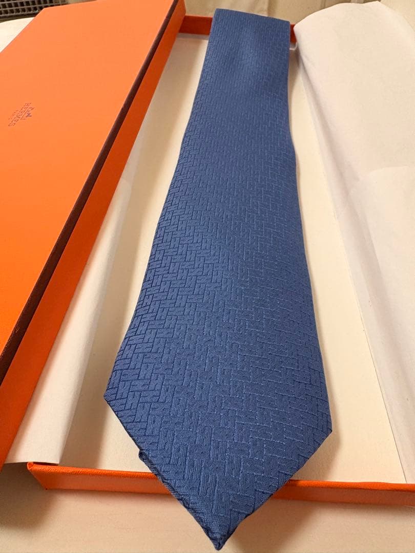 【美品】エルメス ネクタイ　H柄　ブルー　8cm