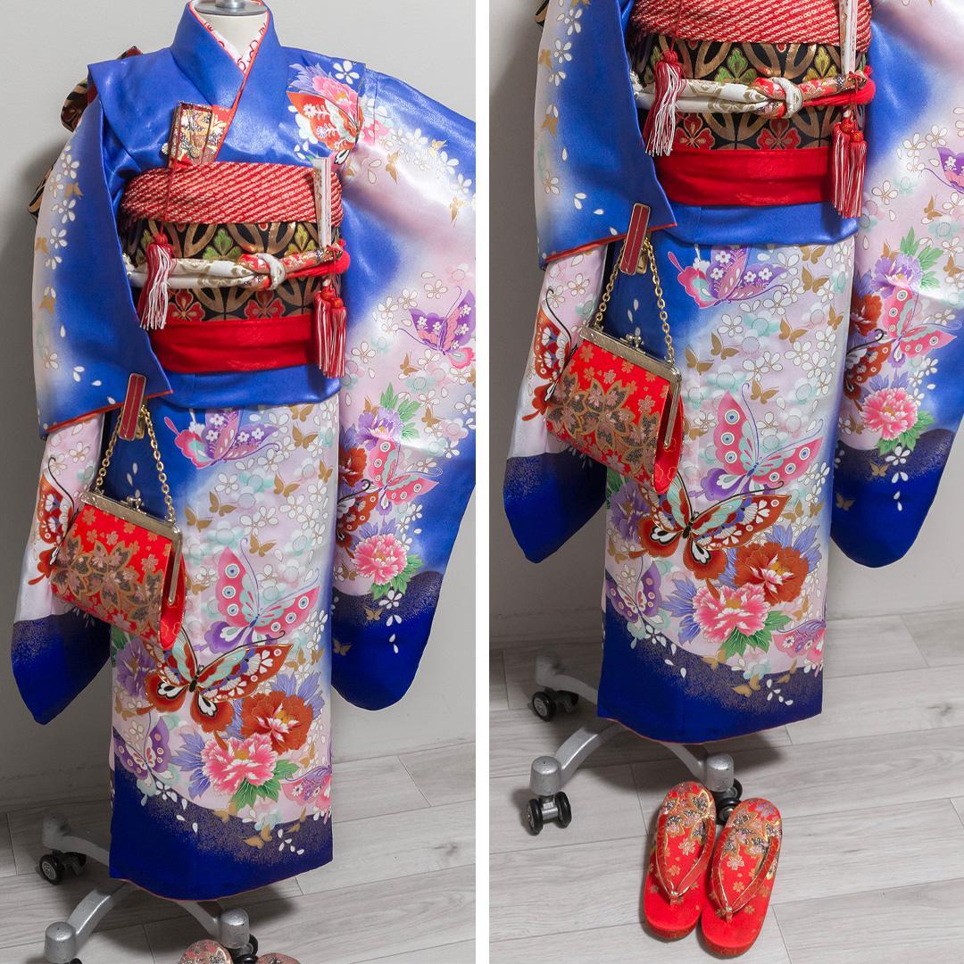 ぴ*ち様 【七五三7歳女の子】晴れ着フルセット・振袖一式・豪華・蝶柄×青地・７歳