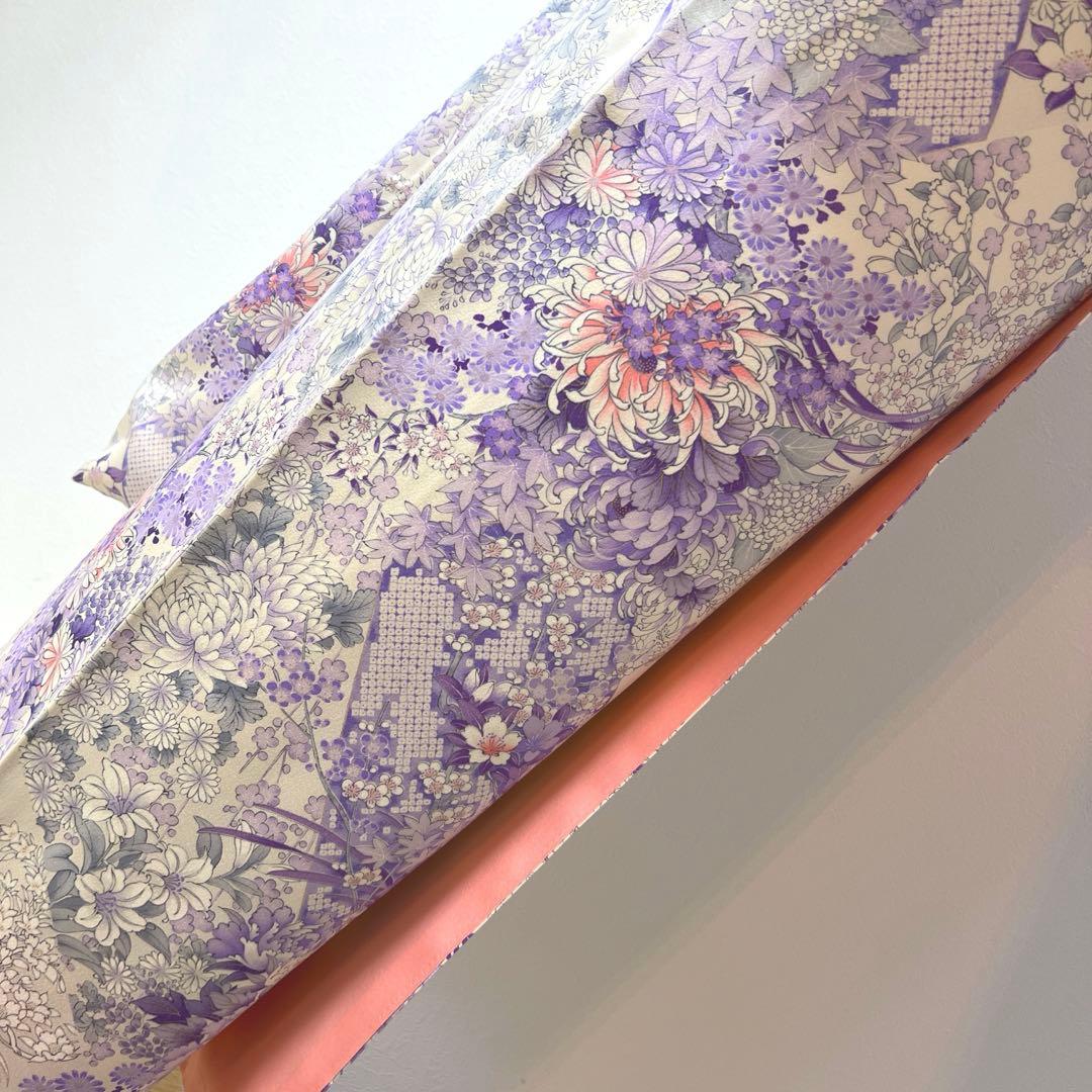 407 振袖フルセット 正絹 薄紫 白 オフホワイト 金彩 総柄 フェミニン