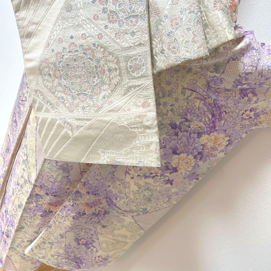 407 振袖フルセット 正絹 薄紫 白 オフホワイト 金彩 総柄 フェミニン