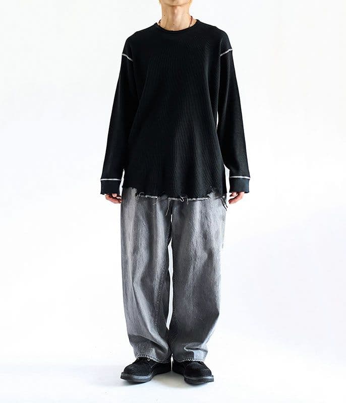 ancellm DAMAGE WAFFLE CREW LS T-SHIRT 黒2